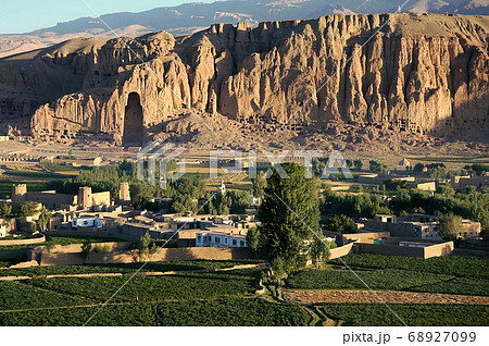 Bamyan (Bamiyan) in Central Afghanistan. This is a view over the Bamyan (Bamiyan) Valley showing the large Buddha niche in the cliff. The Buddhas were destroyed by the Taliban. UNESCO site Afghanistan 68927099
