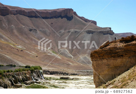Band-e Amir lakes near Bamyan (Bamiyan) in Central Afghanistan. Band e Amir was the first national park in Afghanistan. A person on a viewpoint overlooking a travertine dam at Band e Amir, Afghanistan 68927562