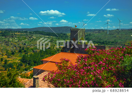Flowered leafy trees and castle over rocky cliff 68928654