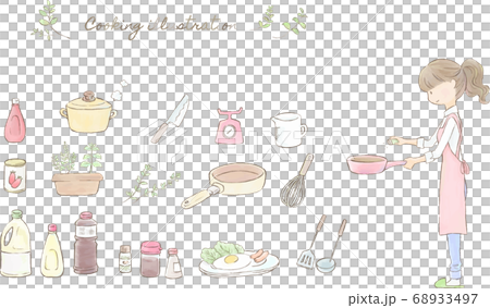 料理をする女性とキッチン用品のイラストセット 68933497
