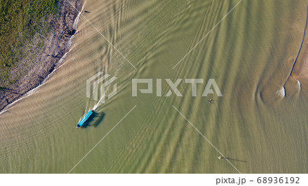 Aerial top view of Tour boat at Sangklaburi in 68936192