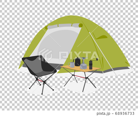 ソロキャンプの為のテントやキャンプ用品のイラスト のイラスト素材