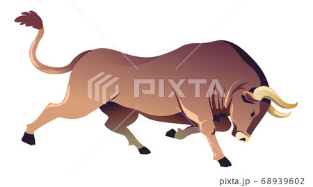 Running Buffalo With Sharp Horns Ox Or Bullのイラスト素材