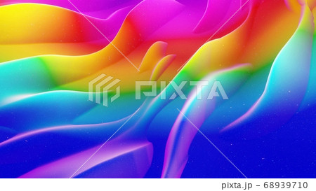 Beautiful abstract 3D background with gradient rainbow colors, surface with abstract waves or extruded wavy pattern on surface. Color gradient, soft matte material with glitter sparkles. 68939710