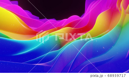 Beautiful abstract 3D background with gradient rainbow colors, surface with abstract waves or extruded wavy pattern on surface. Color gradient, soft matte material with glitter sparkles. 68939717
