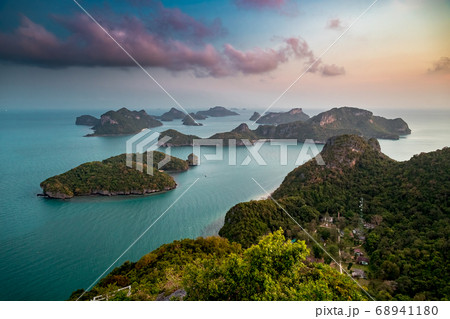 Thailand National Marine Park aerial hill islet with green grass at turquoise water of Pacific Ocean 68941180