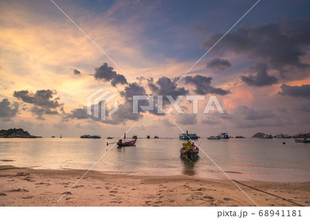 Sunrise Asia harbor: boats, ships on ocean gulf. Amazing Thailand pier water transport at sand beach 68941181