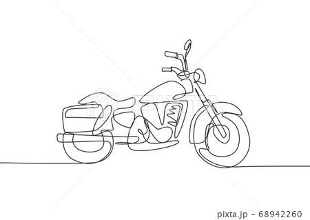 Single continuous line drawing of classic motorbike logo. Rural