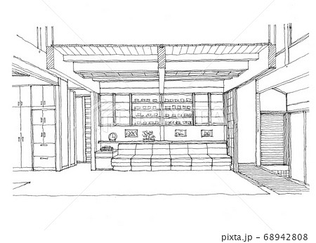 Free Hand Design Perspective フリーハンドの設計パース リビングルームのイラスト素材