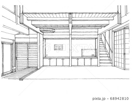 Free Hand Design Perspective フリーハンドの設計パース リビングルームのイラスト素材