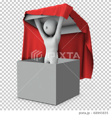 A character that appears from a big box. 3D rendering. 68943835
