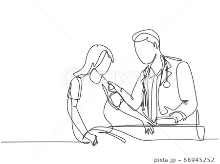 Single continuous line drawing of young male doctor examining young woman patient pulse rate and blood pressure using tensiometer Single continuous line drawing of young male doctor examining young woman patient pulse rate and blood pressure using tensiometer 68945252