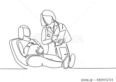 One single line drawing of female obstetrics and gynecology doctor talking to patient and explain the womb condition 68945254
