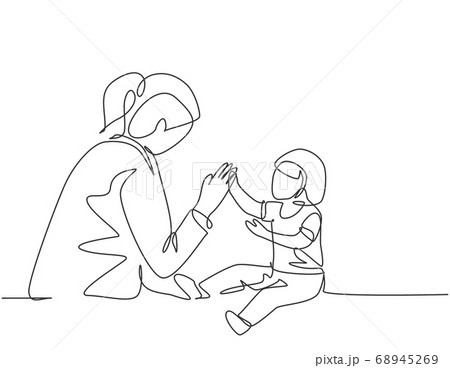 Single continuous line drawing of young female pediatric doctor invited cute baby toddler patient to play and follow her instruction 68945269