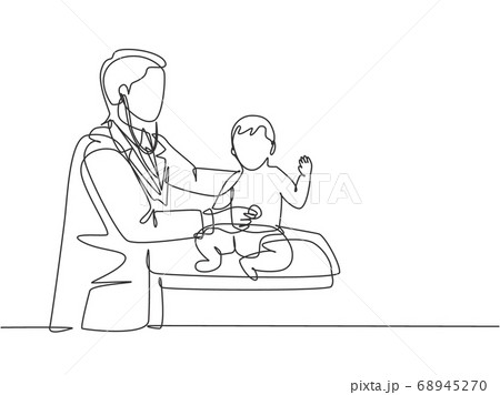 Single continuous line drawing of young male pediatric doctor examining heart beat cute toddler patient with stethoscope Single continuous line drawing of young male pediatric doctor examining heart beat cute toddler patient with stethoscope 68945270