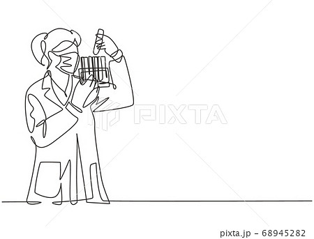 One continuous line drawing of young female laboratorian analyze formula on glass tube to find covid19 vaccine at laboratory One continuous line drawing of young female laboratorian analyze formula on glass tube to find covid19 vaccine at laboratory 68945282