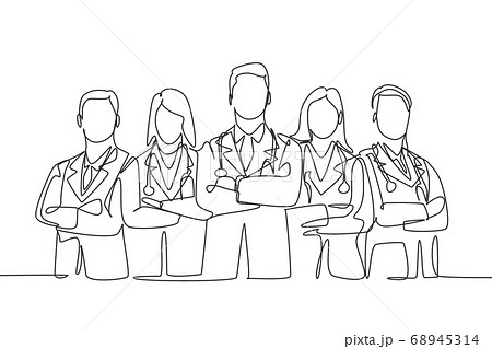 Single continuous single line drawing group of young promising doctor posing standing and cross hands on chest together at hospital 68945314