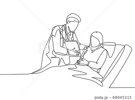 One single line drawing of young doctor show great result of medical record to the patient who laying at hospital bed 68945315