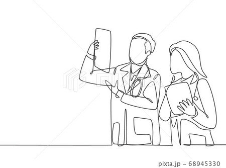 One continuous single line drawing of young male and female doctor discussing and diagnosing patient x-ray photo result together 68945330