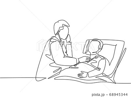 One single line drawing of young male doctor examining patient health condition and checking his pulse rate 68945344