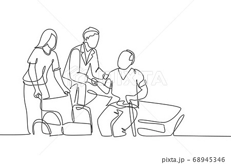 One single line drawing of young male doctor helping old patient get to wheelchair from hospital bed 68945346