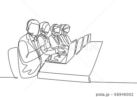 One continuous line drawing group of male and female telemarketing team calling prospective client to offer product 68946002
