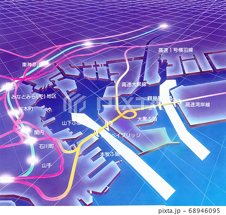 横浜港 湾岸 船の進入路と地図のイラスト素材