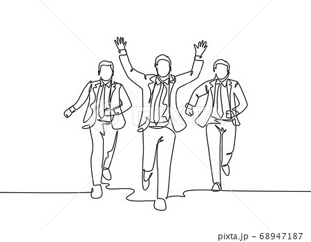 One single line drawing of young  male worker rise fist to the air after winning cross the finish line beating his partners 68947187