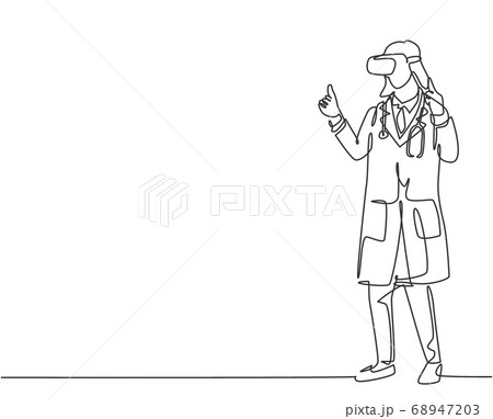Single continuous line drawing of young female doctor giving thumb up gesture after successful finishing level at game 68947203