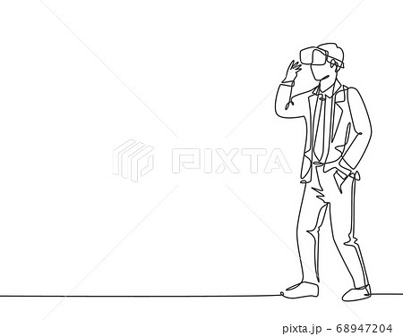 One continuous line drawing of young happy businessman ready to play virtual reality game simulation 68947204