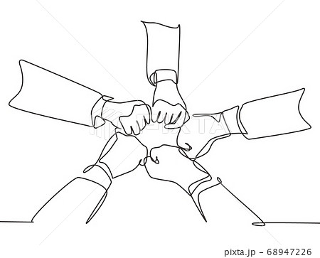 One continuous line drawing group of young male and female business people unite their hands together to form a five star shape 68947226