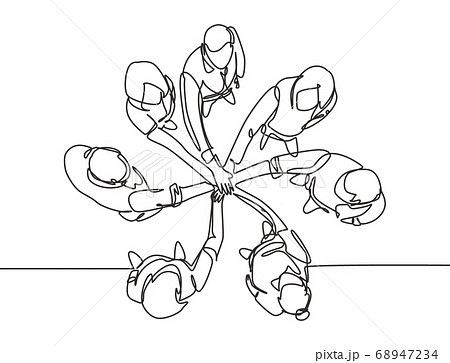 One single line drawing group of young happy business people unite their hands together to form a circle shape symbol, top view 68947234