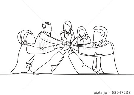 One single line drawing group of young happy male and female business people unite their hands together to form a circle shape 68947238