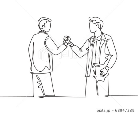One single line drawing of two young happy business men holding their hands together to mark the commencement of a joint project One single line drawing of two young happy business men holding their hands together to mark the commencement of a joint project 68947239