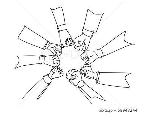 Single continuous line drawing group of young business people unite their hands together to form a circle shape as a unity symbol 68947244