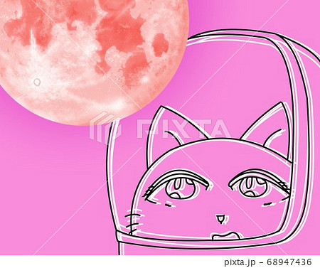 赤い月を見上げるネコの宇宙飛行士のイラスト素材