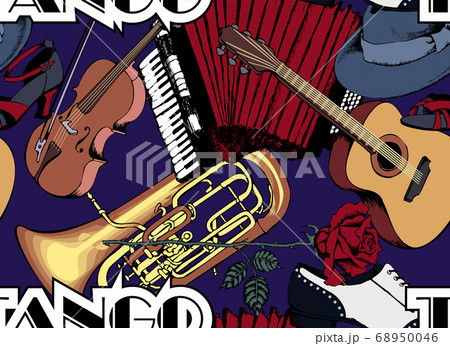 Seamless pattern. Objects are symbols of tango: vintage shoes, roses, musical instruments. 68950046