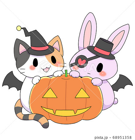 ハロウィンのうさぎとねこのイラスト素材