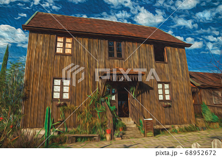 Facade with entrance of charming wooden old house Facade with entrance of charming wooden old house 68952672