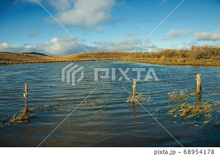 Sunken barbed fence wire on a blue water pond 68954178