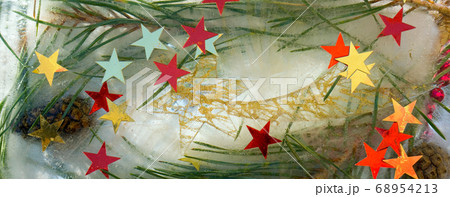 Background  of red  beads,   Christmas star, cone 68954213