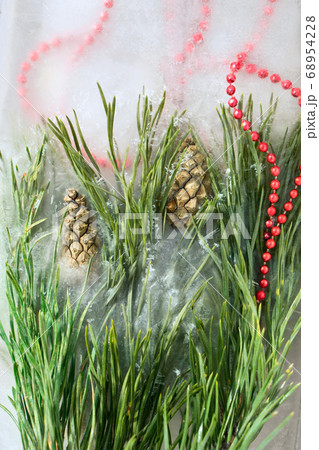 Background of red beads, Christmas star, cone Background of red beads, Christmas star, cone 68954228