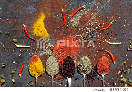 silver spoon with various spices 68954402
