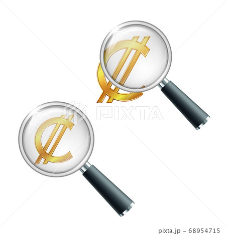 Golden Costa Rican and Salvadoran colon currency symbol with magnifying glass. Golden Costa Rican and Salvadoran colon currency symbol with magnifying glass. 68954715