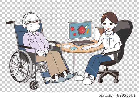 治験の話をする女性医師　マスクをつけた高齢男性患者　車椅子 68956591