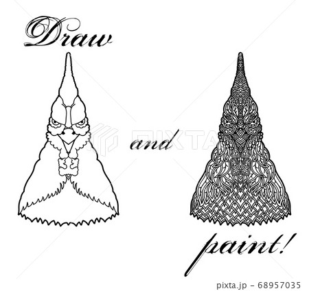 Coloring book page with patterned head of rooster Coloring book page with patterned head of rooster 68957035