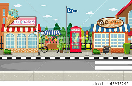 Street side scene with ice cream shop and coffee 68958245