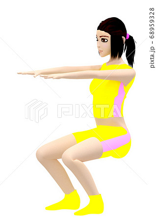スクワットの運動をする可愛い女性 3dレンダリングのイラスト素材