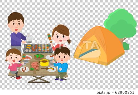 キャンプでおしゃれな食事をする 家族 イラストのイラスト素材