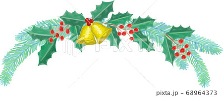 リボンとヒイラギのクリスマス飾り 手描き風ベクターイラストのイラスト素材